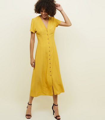 Mustard Button Front Midi Tea Dress ...